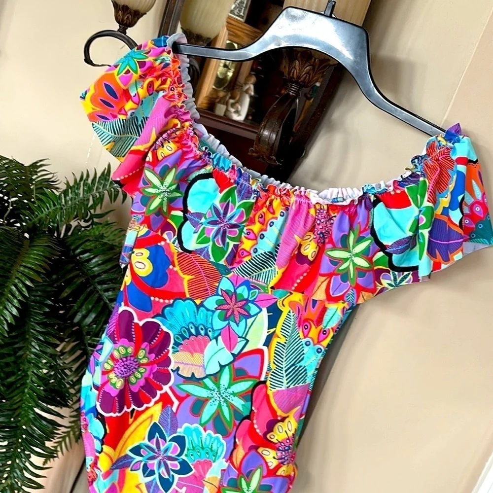 NWT Bleu Rod Beattie Colorful Floral Off The Shoulder Ruffle One-Piece Swimsuit
